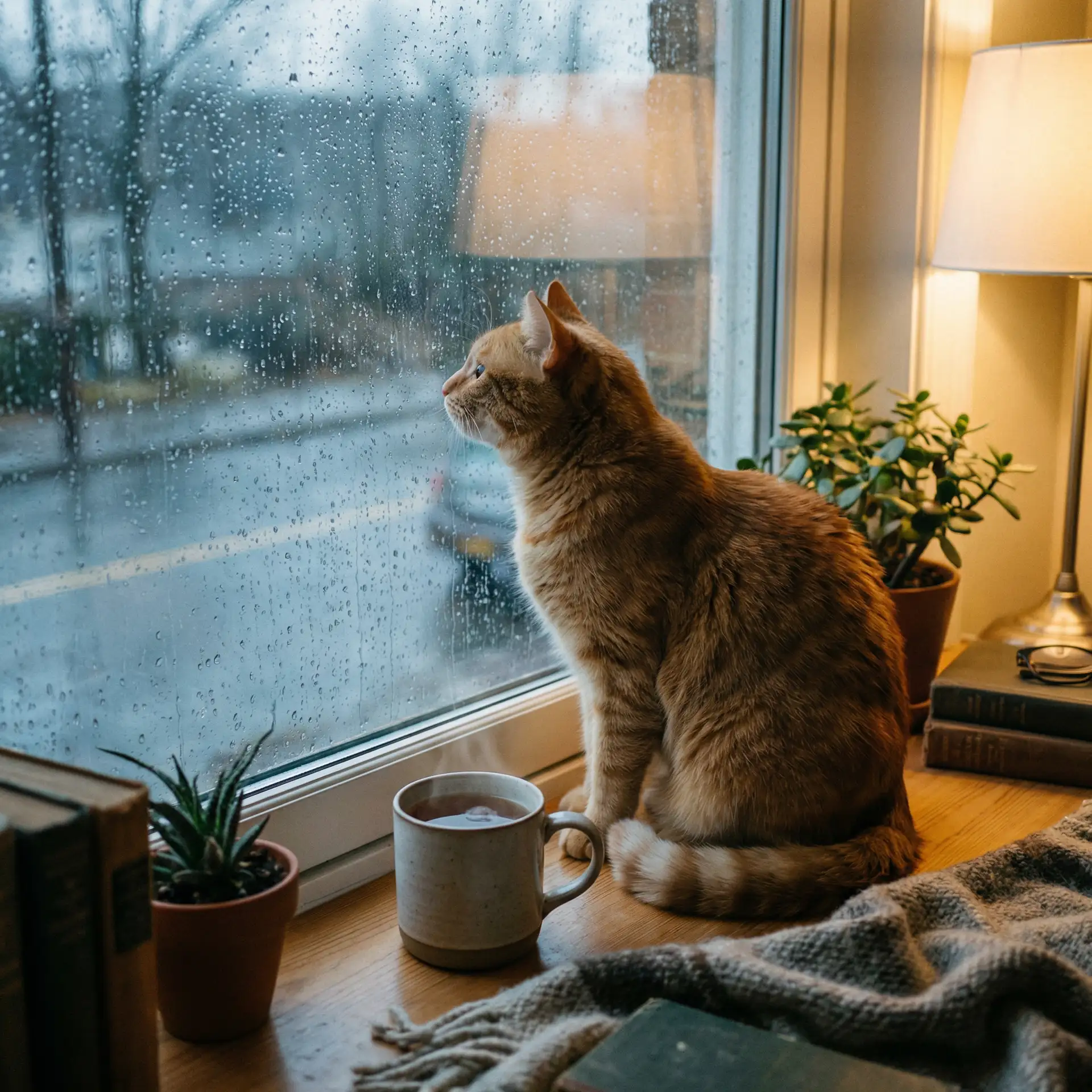 猫咪望着窗外的雨 - 大色王